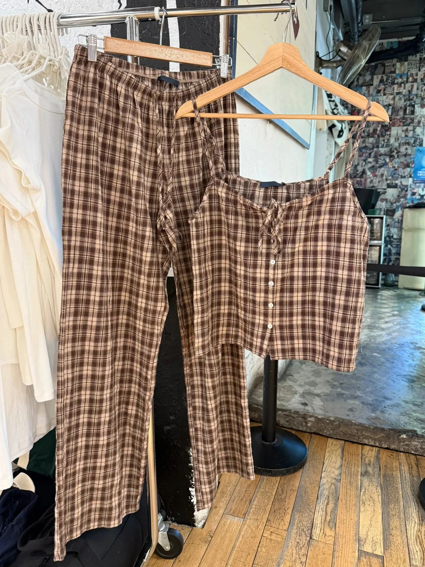 

Brown Plaid Camis Pant Set Woman Lace-up Single Breasted Slim Tank+Drawstring Trouser Vintage Preppy Style Cotton 2 Piece Sets