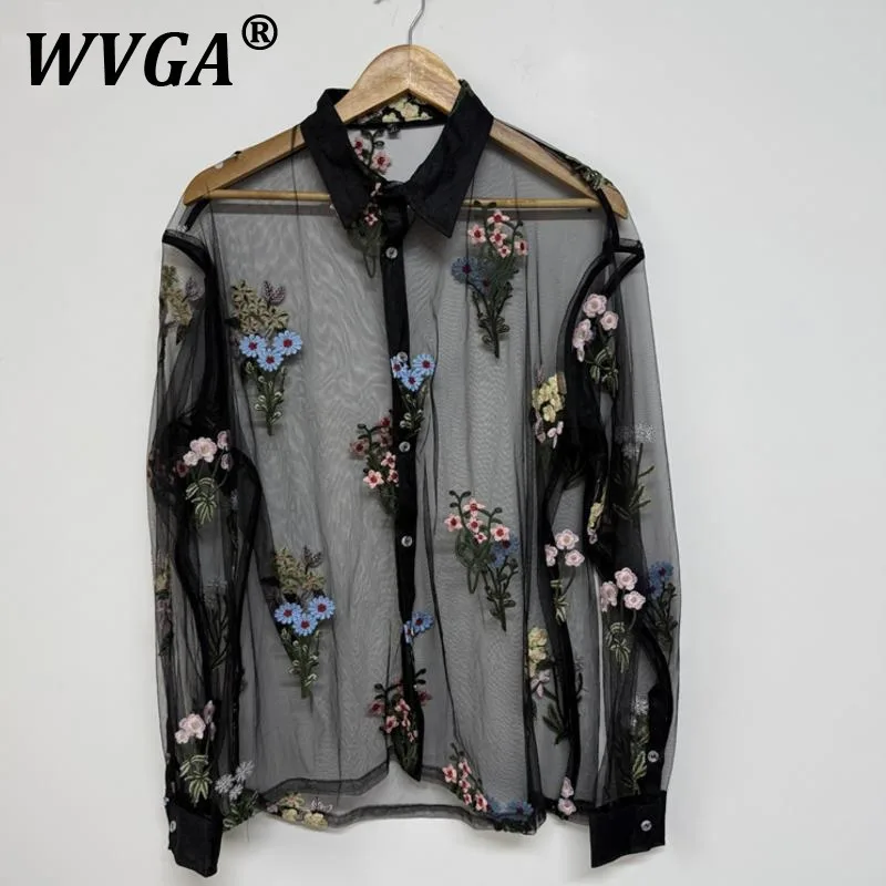 

WVGA Spring Summer New Man High Street Embroidered Floral Sheer Mesh Trendy Long Sleeve Shirts Niche Casual Shirt Ins Y2K W10014