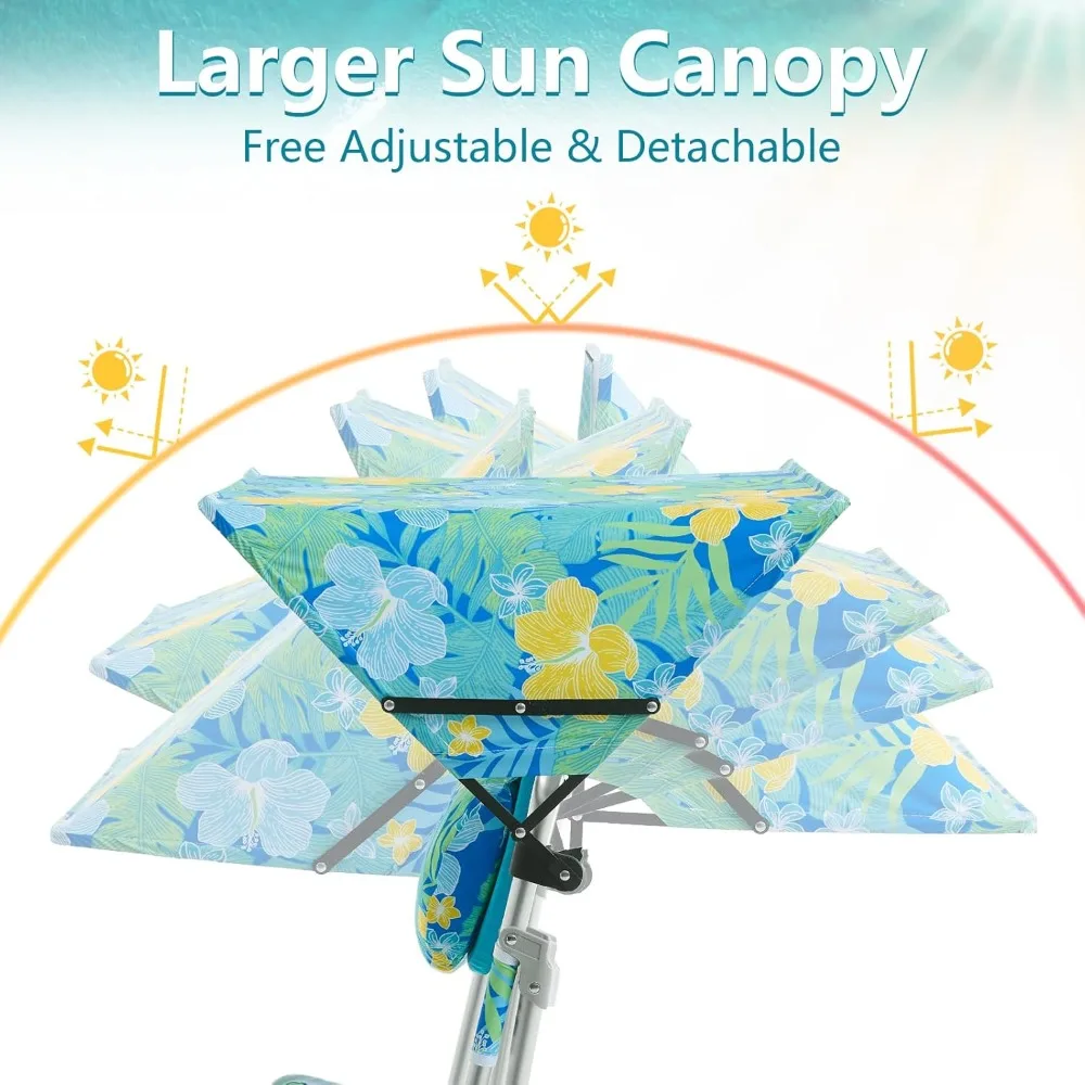 Lettino da spiaggia 4 in 1 con baldacchino, sedia abbronzante, fori per il viso e le braccia, cuscino lombare, braccioli in legno di faggio per un massimo rilassamento