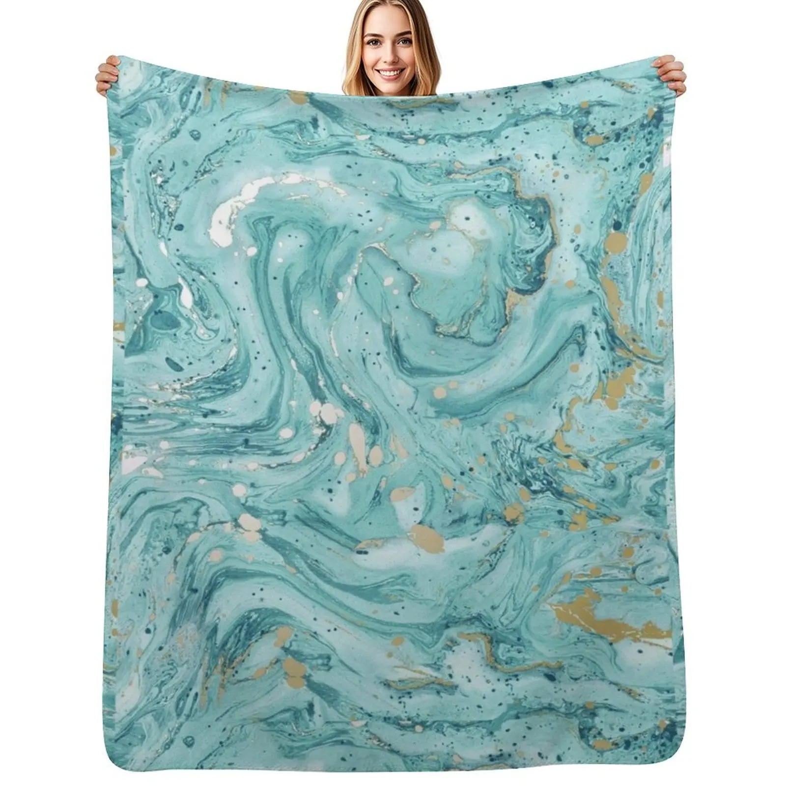 

Marble Design - Gold Effect - Turquoise Blue, Teal Marbling Throw Blanket Sleeping Bag Decoratives Sofa Soft Blankets