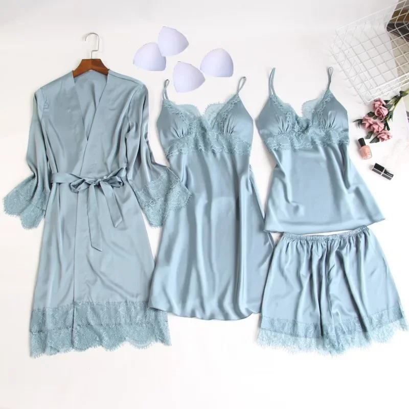 MECHCITIZ 2019 Sexy Women's Robe & Gown Sets Lace Bathrobe + Night Dress 4 Pieces Sleepwear Sleep Set Silk Robe Femme Lingerie