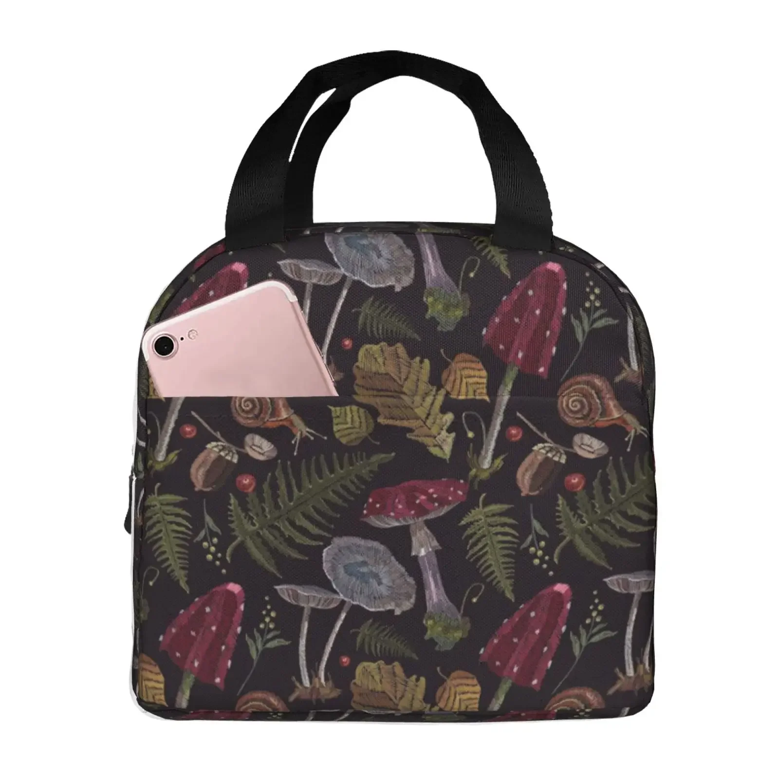 Thanksgiving Mushrooms Harvest Botanical Night Garden Print Lunch Bag Portable Thermal Oxford Tote Bag For Work School Travel