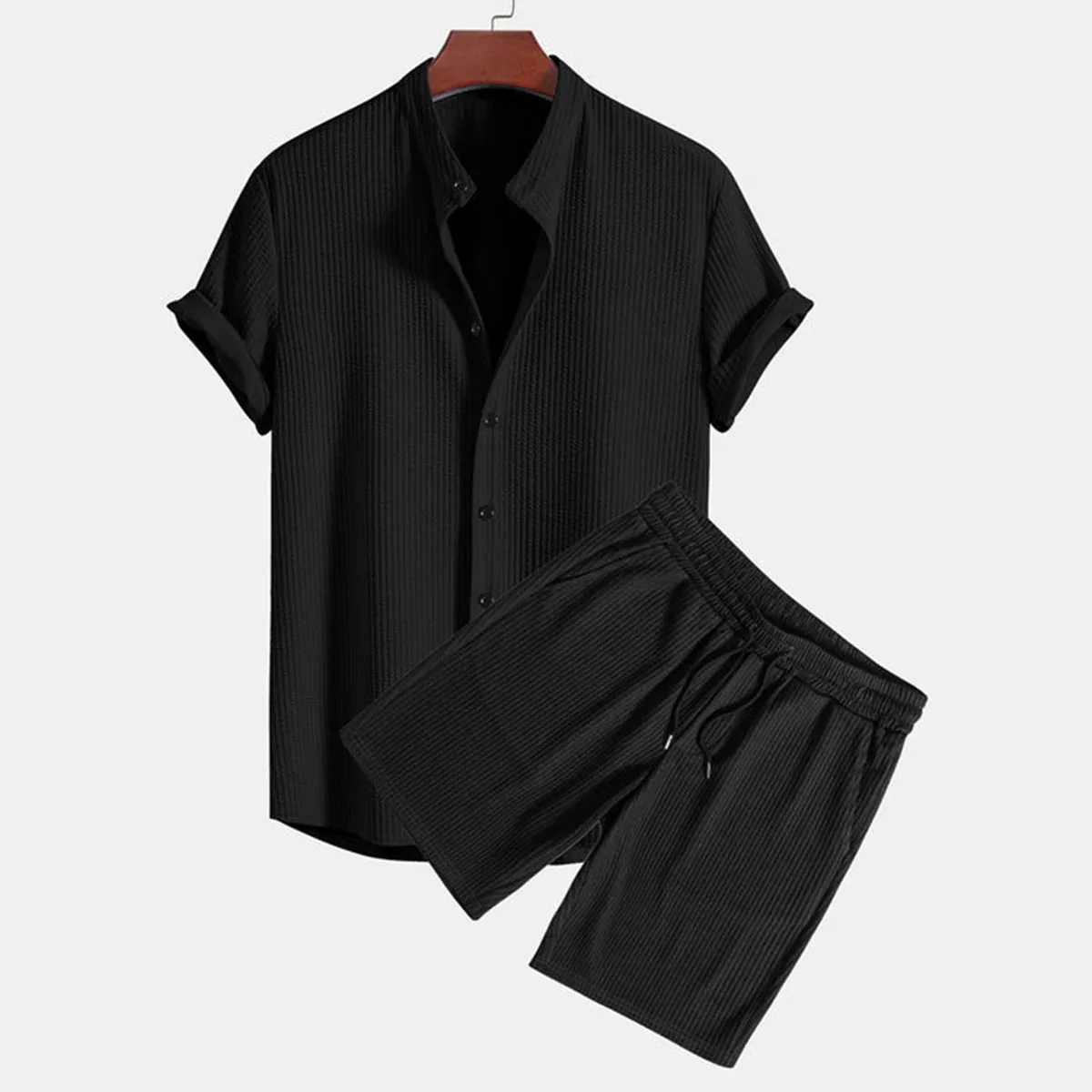 Herren Freizeit-Strickset 2-teilig mit Reverskragen-Hemd und Hellblauen Shorts, Sommer-Strandoutfit Trainingsanzug – Detail 5