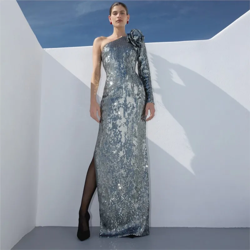

New silver sequined elegant banquet long dress