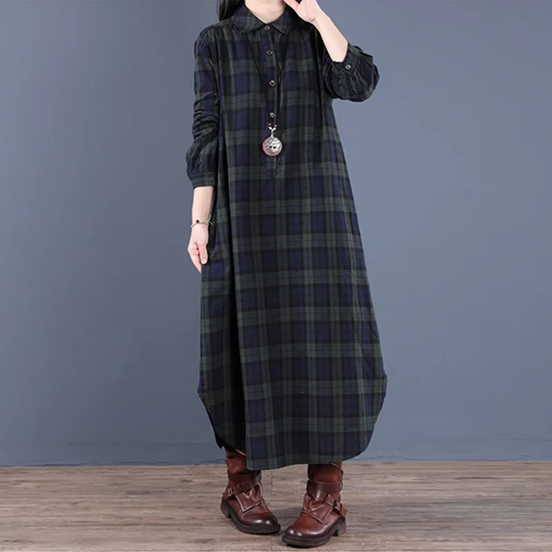 2024 Autumn Women's Korean Edition Loose Splicing Grid Cotton Hemp Collar Long Sleeve Medium length Shirt Dress for Women