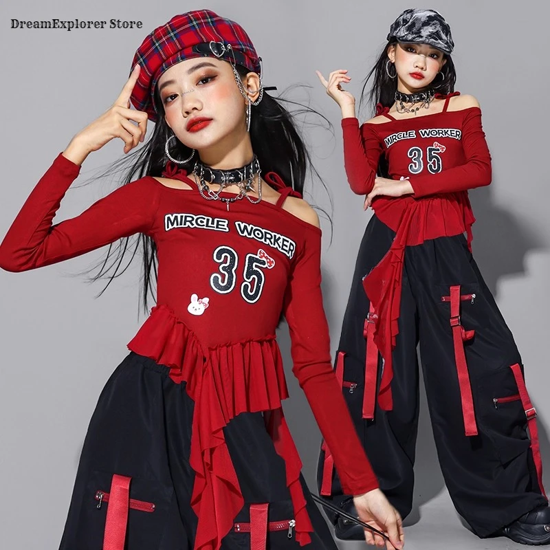 الهيب هوب الفتيات K-pop قبالة الكتف المحاصيل الأعلى ‌ بيان السراويل البضائع الاطفال الشارع الشهير زي الطفل الجاز فتاة مجموعة ملابس الرقص مجموعة