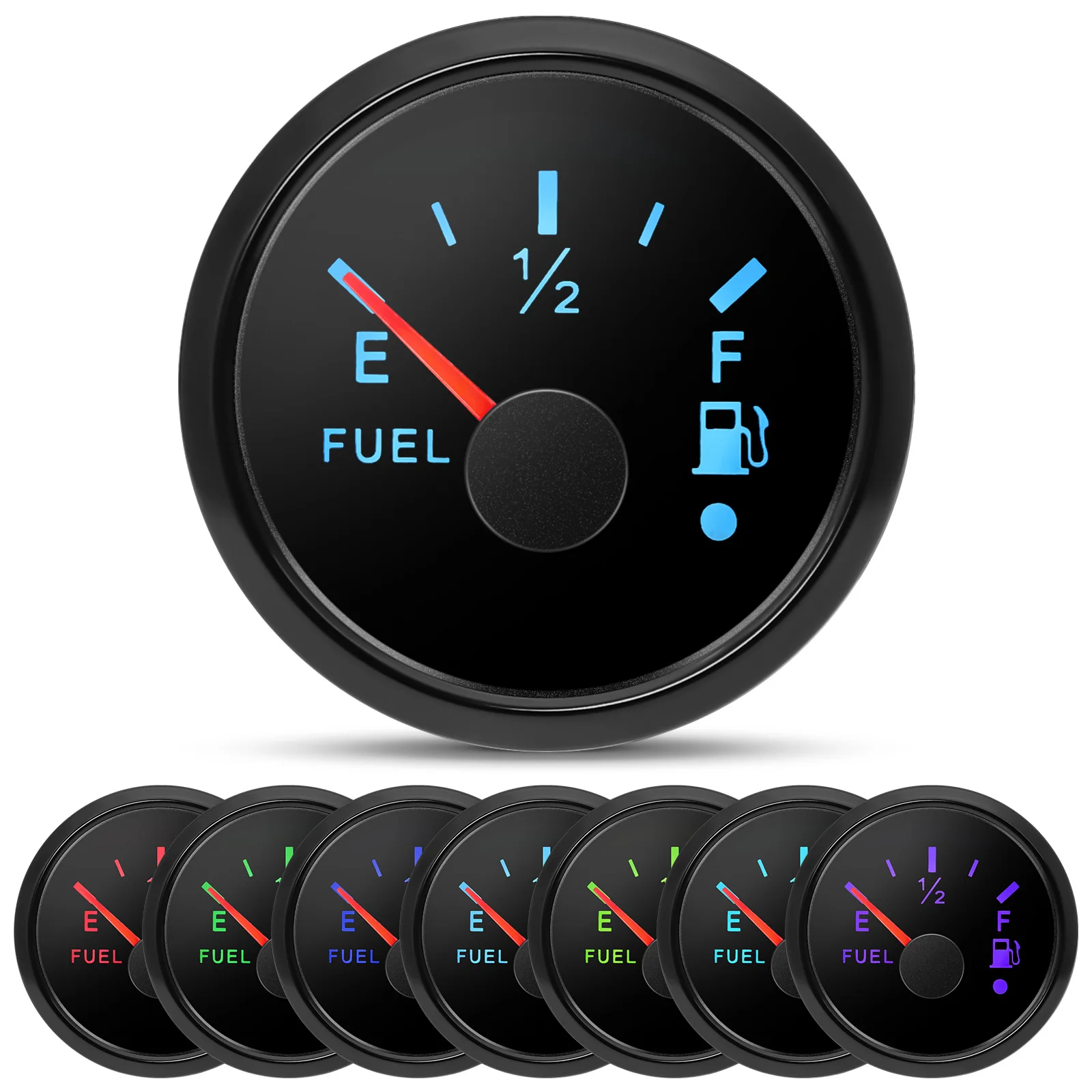 Waterproof 7 Colors LED 52mm Fuel Level Gauge Meter 0-90ohm with Fuel Level Sensor Fuel Sender Unit for Car Truck Boat 12V 24V