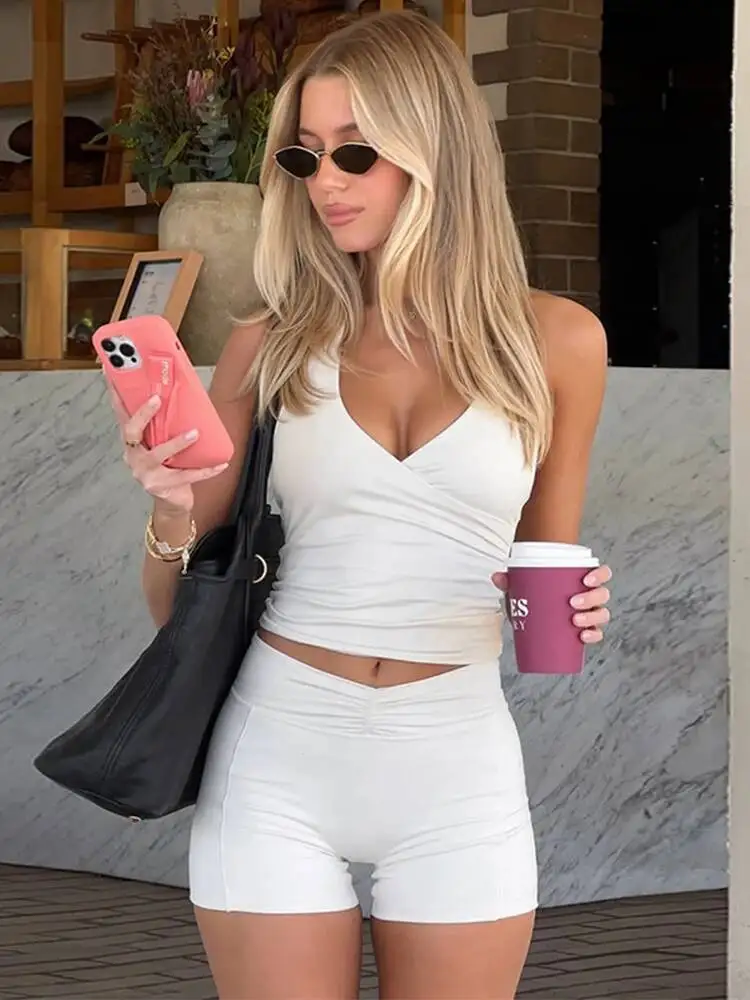 Trendix bodycon tank tops 2 piece sets women summer slim solid sports yoga shorts ladies street crop top suits AliExpress