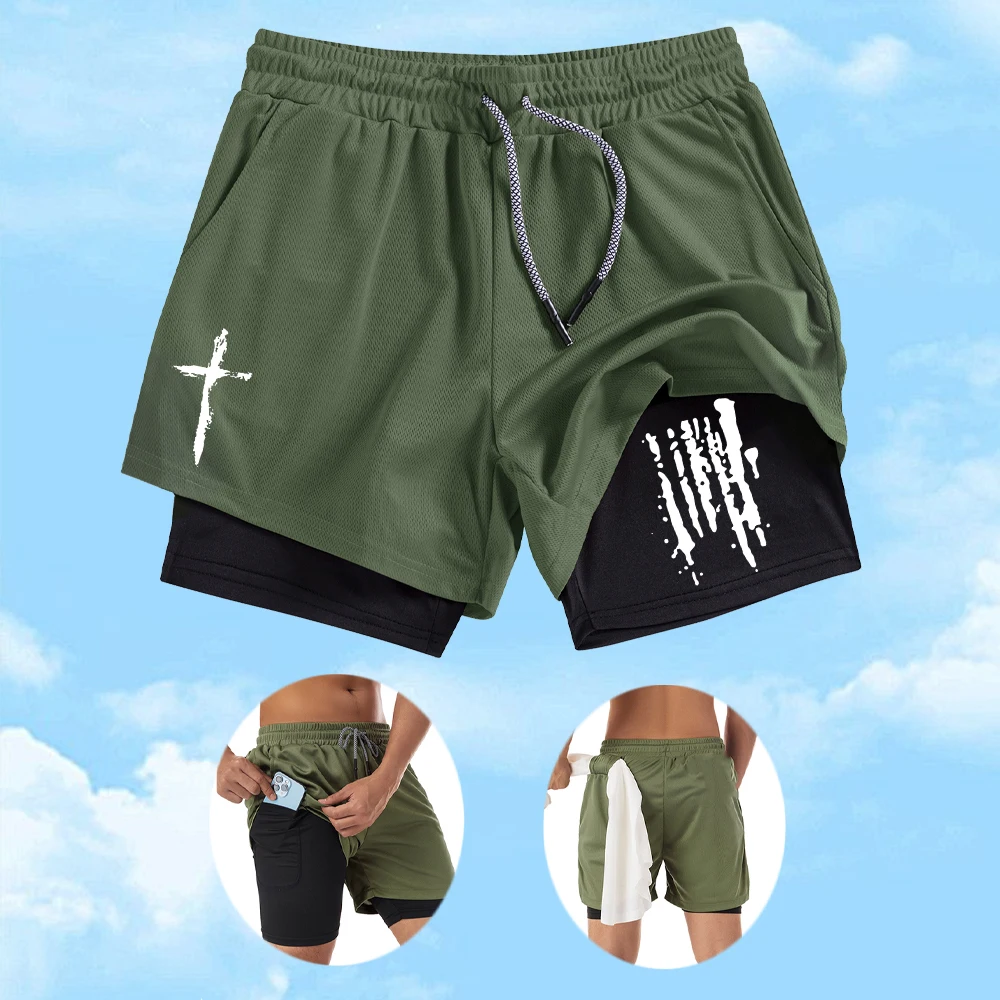 

Мужские пляжные шорты 2 в 1, сетчатые, дышащие, быстросохнущие, двухслойные, для фитнеса, модные плавки с принтом, купальные шорты