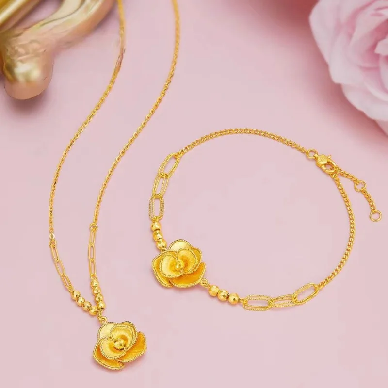 

Luxury 100% Real 24K Gold Color Silk Rose Bracelet Necklace Set, Brushed Disco Beads Design Jewelry For Women