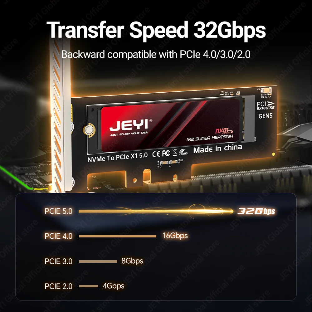 Jeyi pcie 5.0 x1 para m.2 nvme adaptador 32gbps velocidade para 2280/60/42/30 ssd oco para fora pcb resfriamento windows/linux/macOS compatível