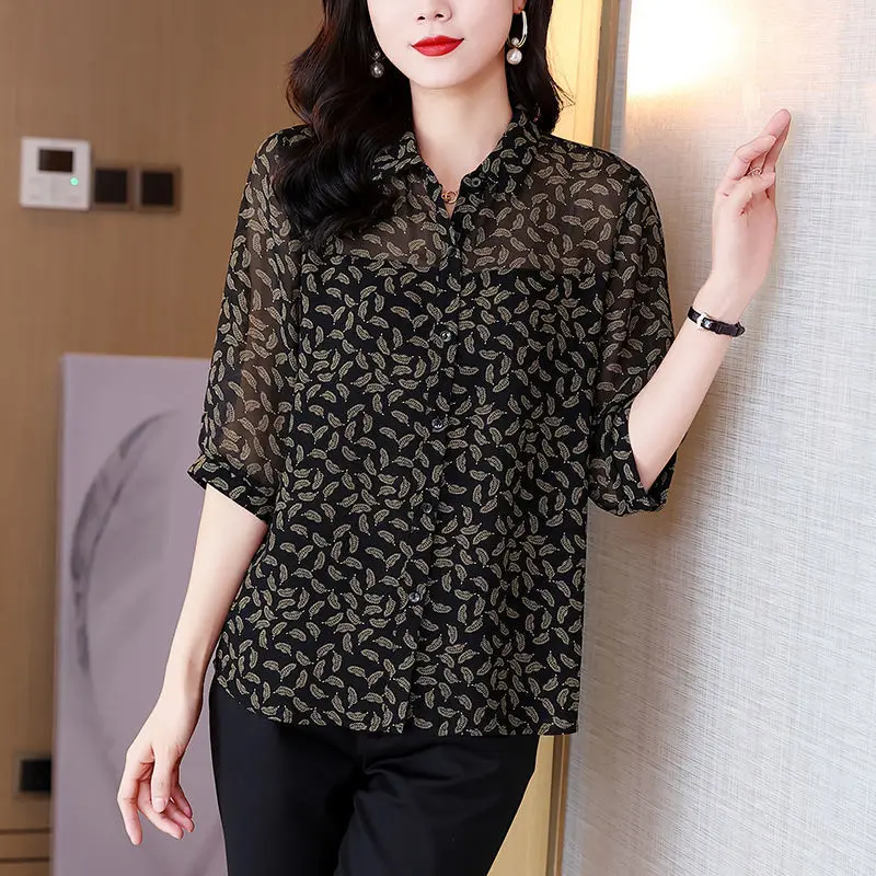 M-4XL Simulated Silk Shirt Top Women's Summer New Loose Half-sleeve Lapel Blouse Fashion Chiffon Blusas Femme