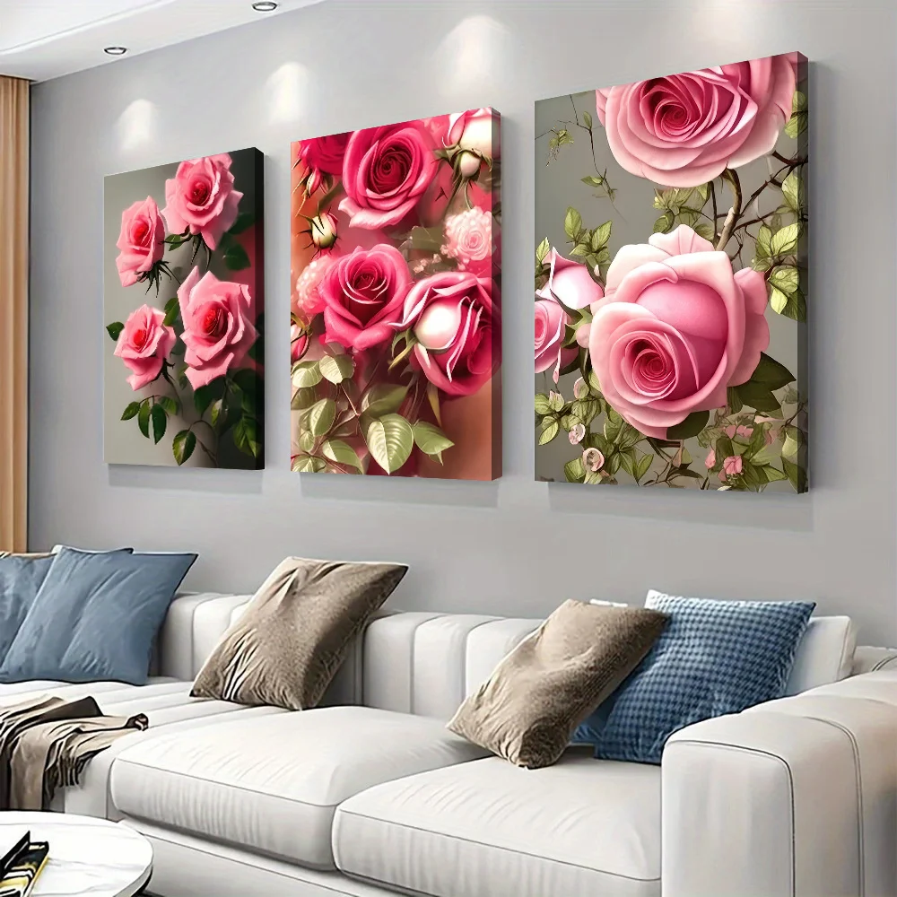 3-piece modern minimalist pink rose frameless canvas hanging painting living room bedroom foyer decoration painting Nordic style