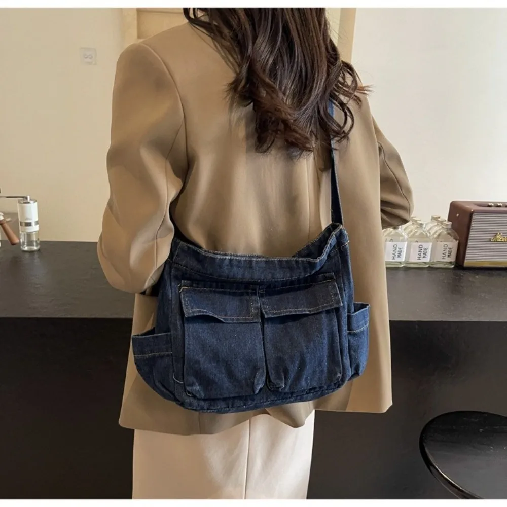 Vintage Canvas Denim Messenger Bag Multiple Pockets Blue Commuting Shoulder Pouch Korean Style Harajuku Underarm Bag Women