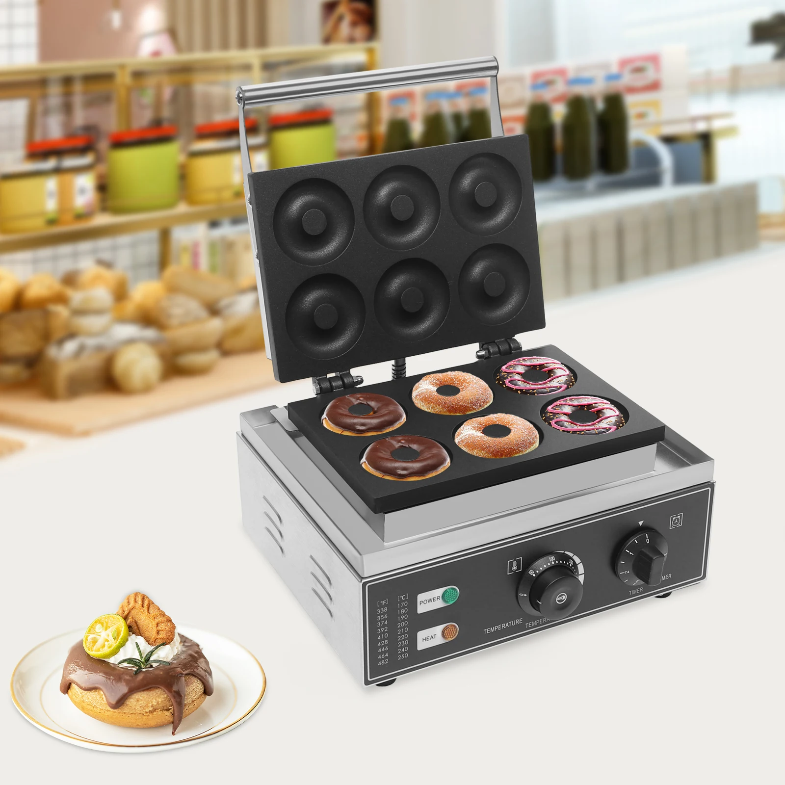 Elektrische Donut-Maker-Maschine mit 6 Löchern, 1550 W, süßer Donut-Maker, antihaftbeschichtete Donut-Herstellungsmaschine, Edelstahl, kommerziell