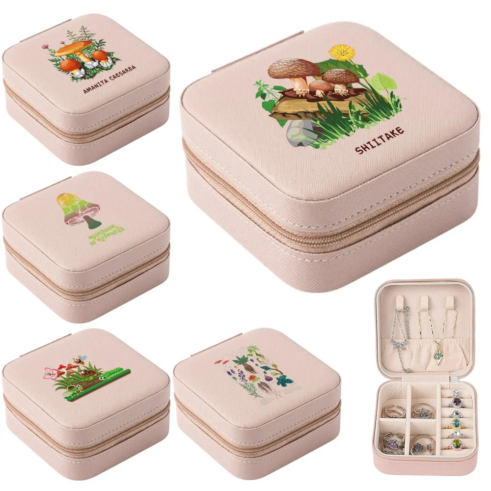 Portable Jewelry Storage Box Travel Mushroom Print Jewelry Case Leather Storage Earrings Necklace Ring Jewelry Display Organizer