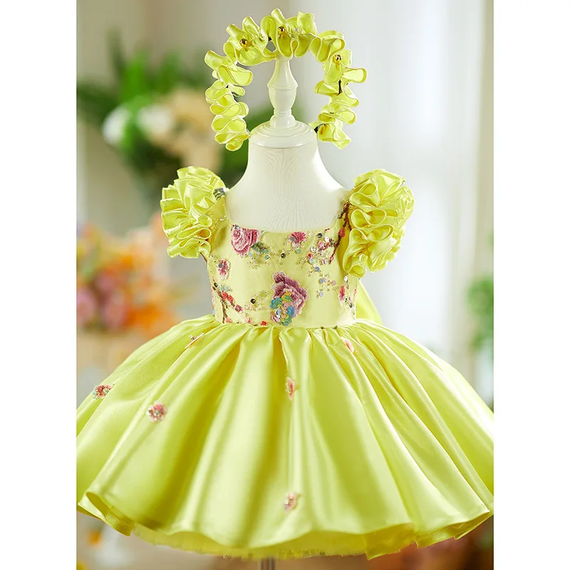 Little Girl Yellow Satin Prom Dress Ruffle Sleeve Embroidered Princess Dress Birthday Party Wedding Flower Girl