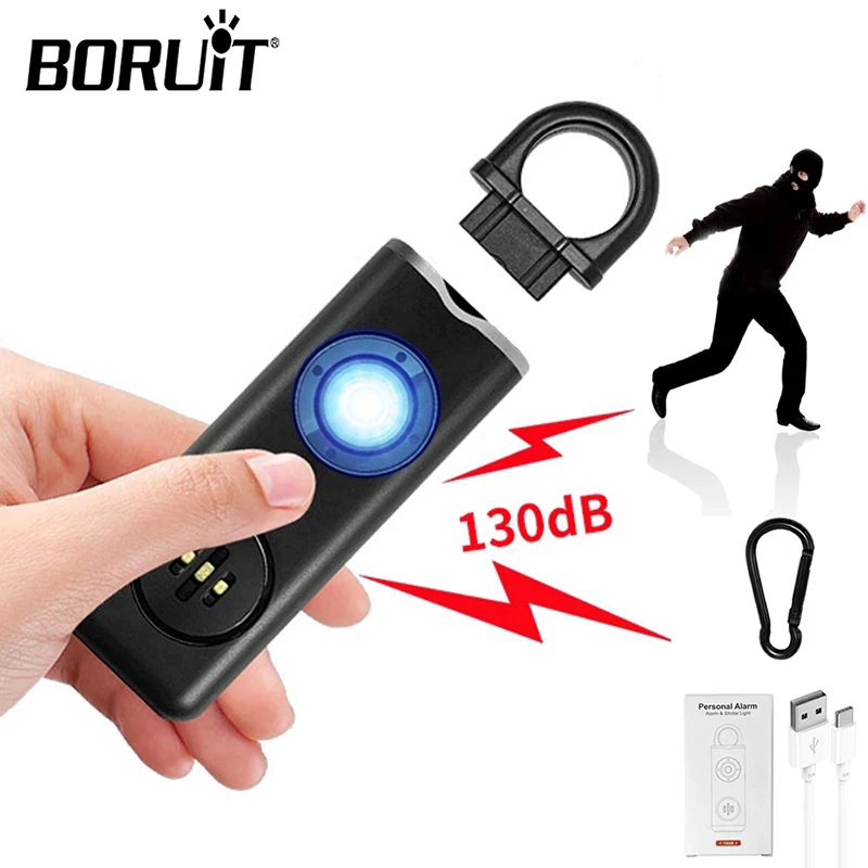 BORUiT LED Flashlight Keychain Self DefenseNoise Alarm Protective Lamp Built-in Battery Type-C Rechargeable Emergency Torch EDC