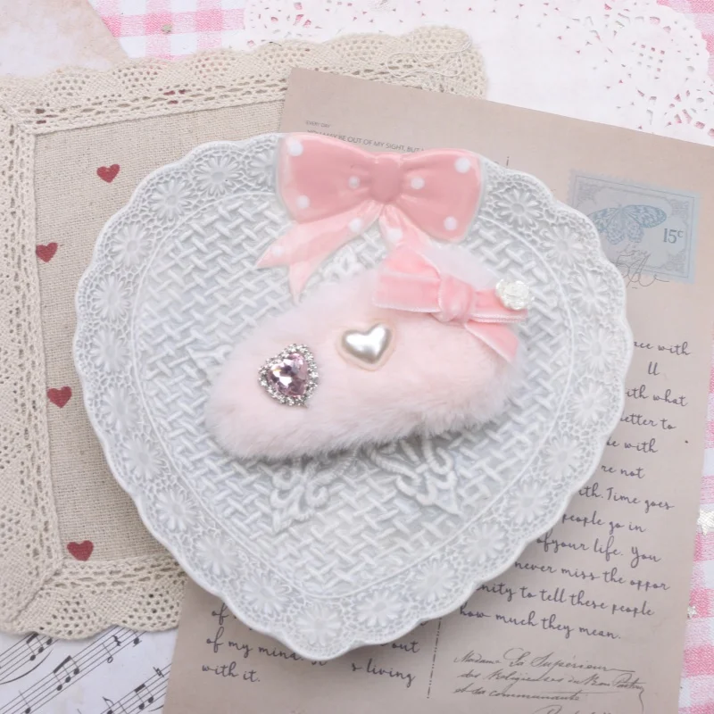 Женская милая заколка для волос в стиле барокко, плюшевый бант, милый подарок для девочек Y2K, стиль Лолиты, бант в форме сердца, милая женская заколка для волос