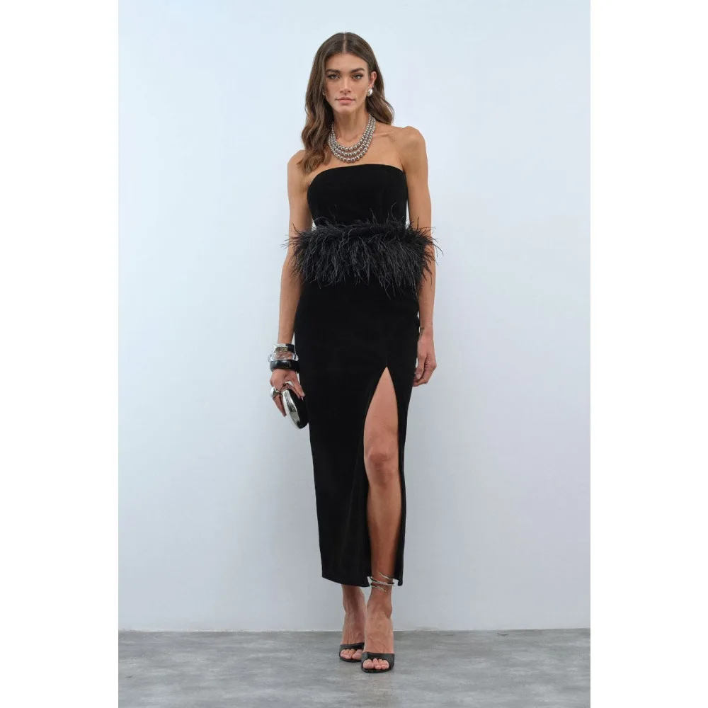 

Customized Strapless Feathers Evening Dresses Black Luxury Party Dress Slit Elegant Modern Prom Cocktail Gowns for Women 2026