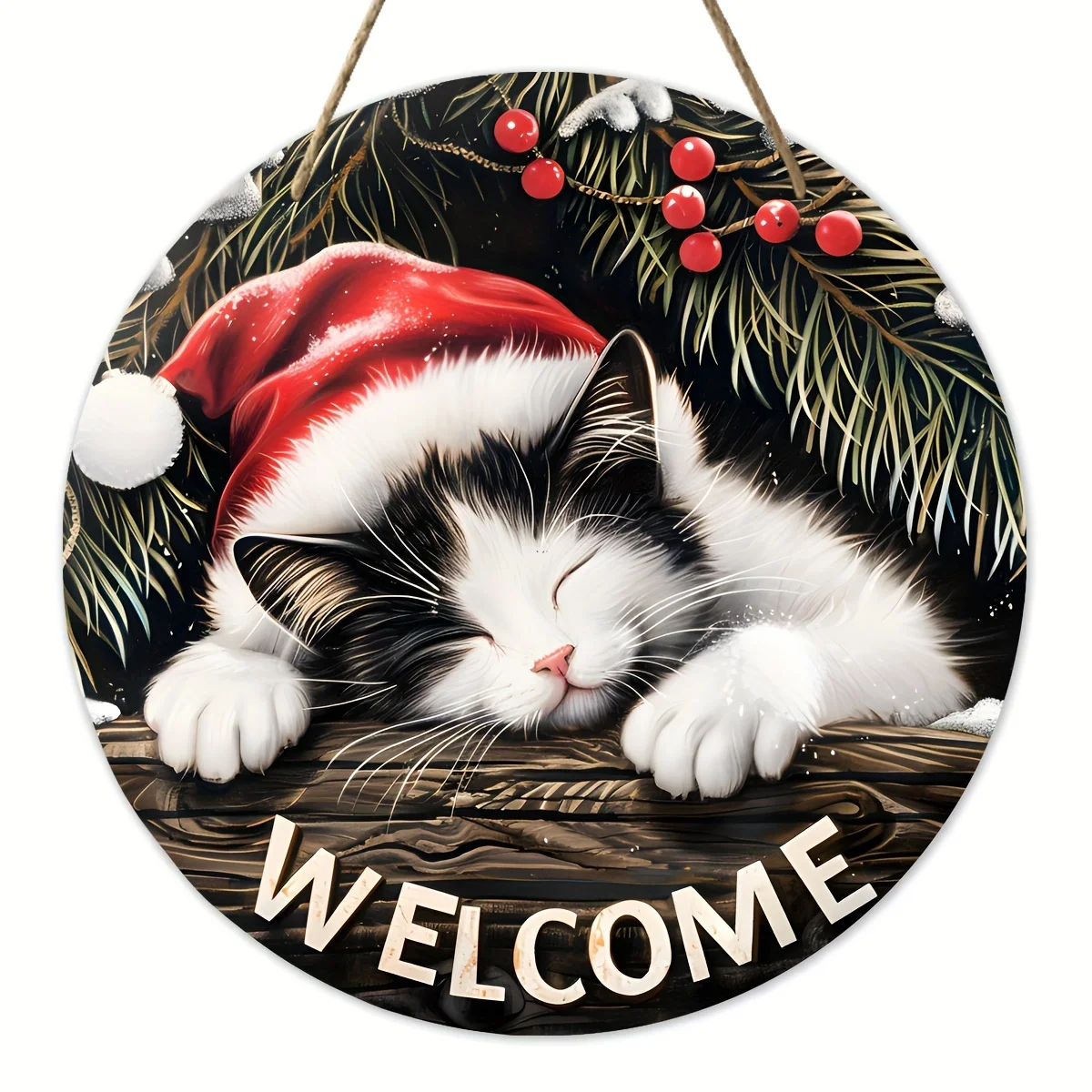 Christmas Welcome Sign - 20x20 cm, Wooden Round Hanging Decoration with Sleeping Cat Design, Perfect for Wreath Accents, New Ye