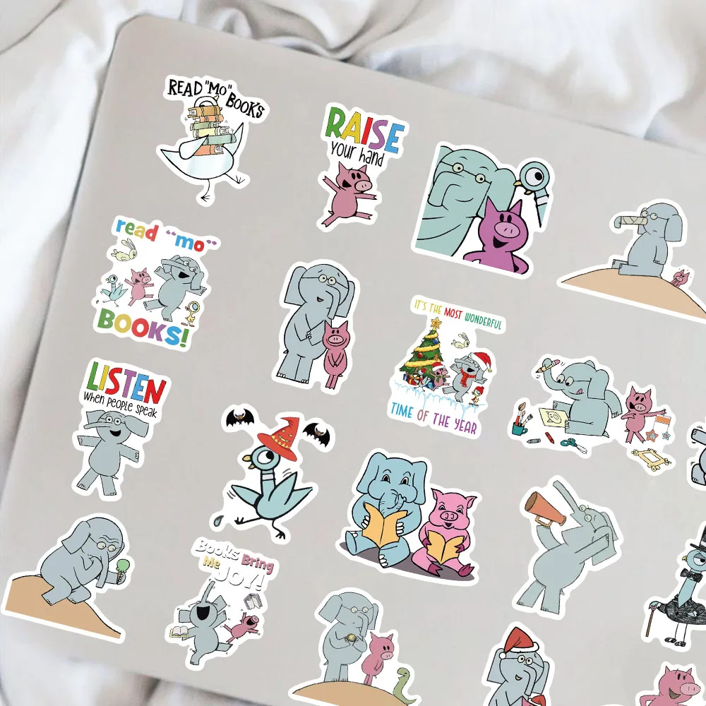 50pcs Elephant and Piggie Stickers for Laptop Scrapbook Phone Luggage Guitar Bike Laptop Cute Fun Cartoon Waterproof Sticker