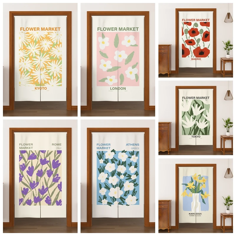 Japanese Flower Noren Door Curtains Dining Room Partition Linen Doorway Curtains Kitchen Entrance Split Hanging Half Curtains