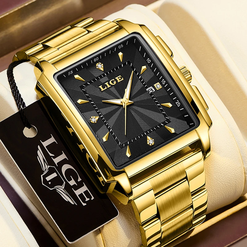 LIGE Fashion Business Watch Men Square Sport Wodoodporne zegarki dla mężczyzn Najlepsza marka Luksusowy wojskowy zegarek kwarcowy z chronografem