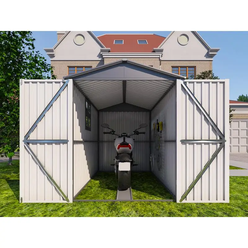 

Motorcycle Outdoor Steel Storage Shed with Window, Tracks, and Fixtures - Grey and White