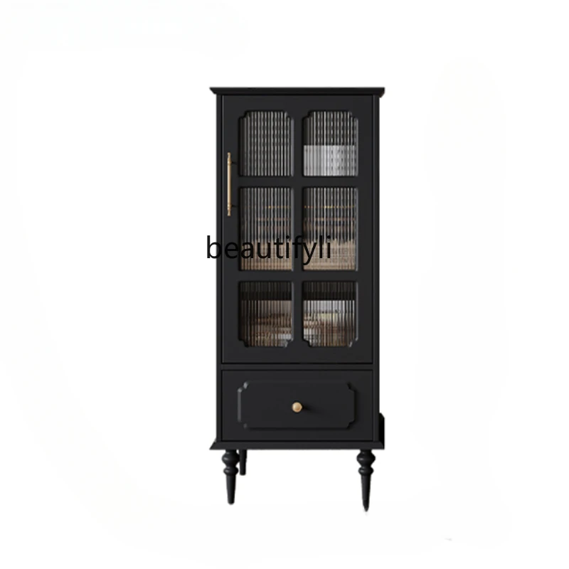 

American Wine Cabinet Wall-Mounted New Small Glass Display Cabinet next to TV Cabinet Home Black Vertical Small Side Cabinet