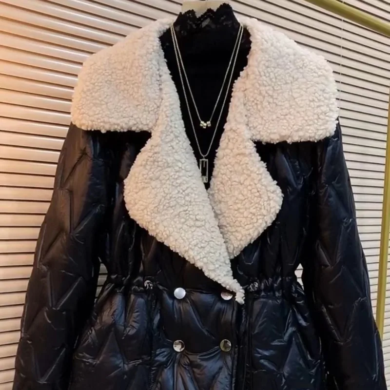 Casaco de algodão de cintura fina feminino, jaqueta de inverno, parkas femininas, bolso de botão, tamanho grande, sobretudo de lapela de pele de
