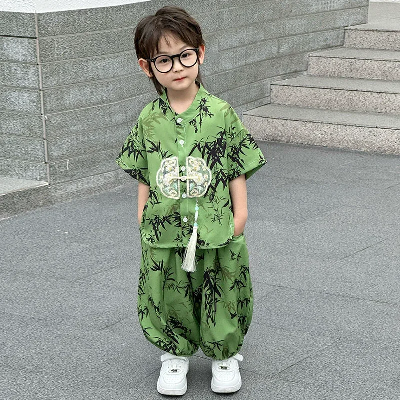 Short Sleeve Tops Shorts 2 Piece Set Boy Outfit Casual Kids Clothes Baby Tang Hanfu Suit Boys Costume Children's Sets Summer