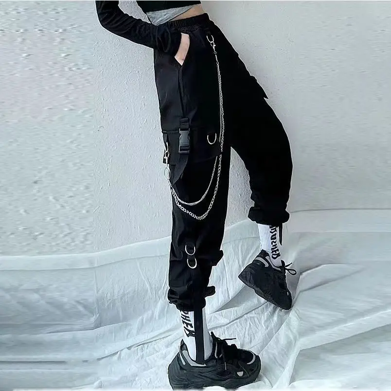 

Punk Jogger Y2k Gothic Style Cargo Pants Korean Fashion Trousers Harajuku Streetwear Yk2 Chain Black Parachute Harem Pants Girls