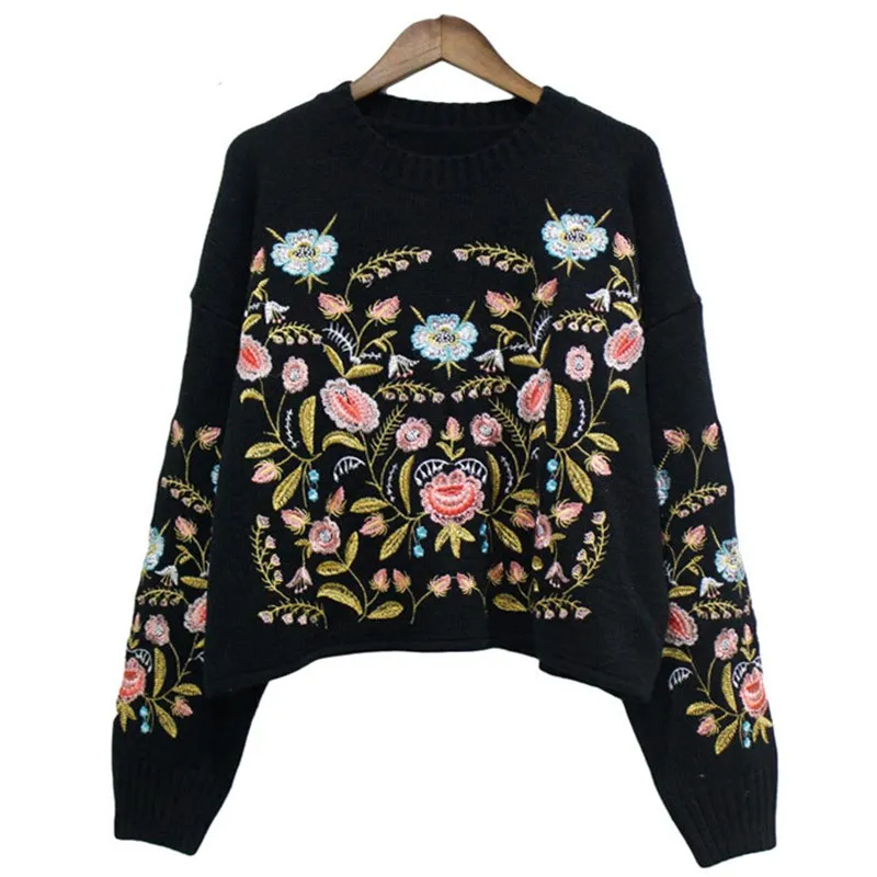 Imagem -04 - Floral Bordado Pullover Camisola Mulheres Boho Manga Longa O-pescoço Outono Inverno Jumper Top Solto Camisolas de Malha 2023 Novo Preto