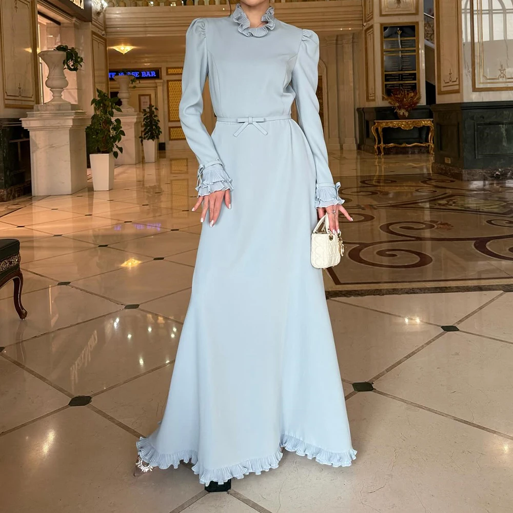 

Вечерние платья трапециевидной формы по индивидуальному заказу, длиной до пола, с высоким воротником и длинными рукавами, платье для выпускного вечера, модное платье с рюшами и бантом, простое драпированное вечернее платье