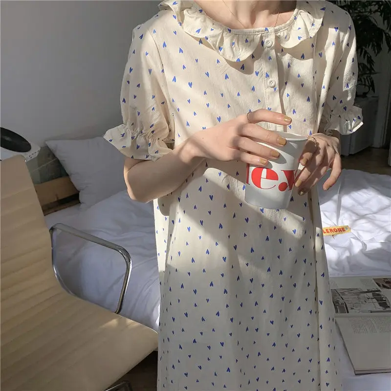 Heart Print Sleepwear Woman Short Sleeves Nightgown Korean Night Dress Summer One Piece Pajamas Dress Ruffles Night Wears 2024