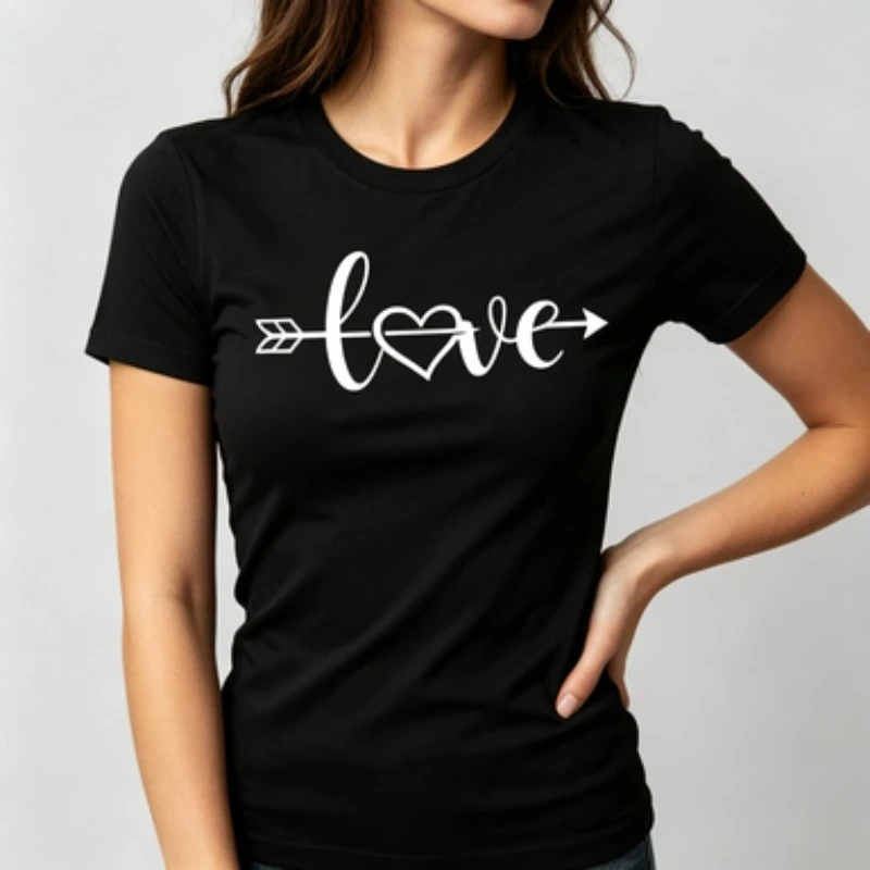 Ladies Cotton Slim Standard Fit Crewneck Tshirt Love Arrow Heart Handwritten Print Casual Summer Short Sleeve Tee Top