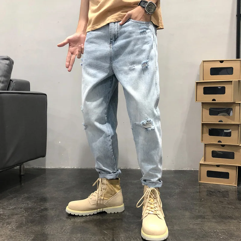 Light color men's jeans 9 points loose hole Korean trend versatile casual pants boys nine points thin spring pants