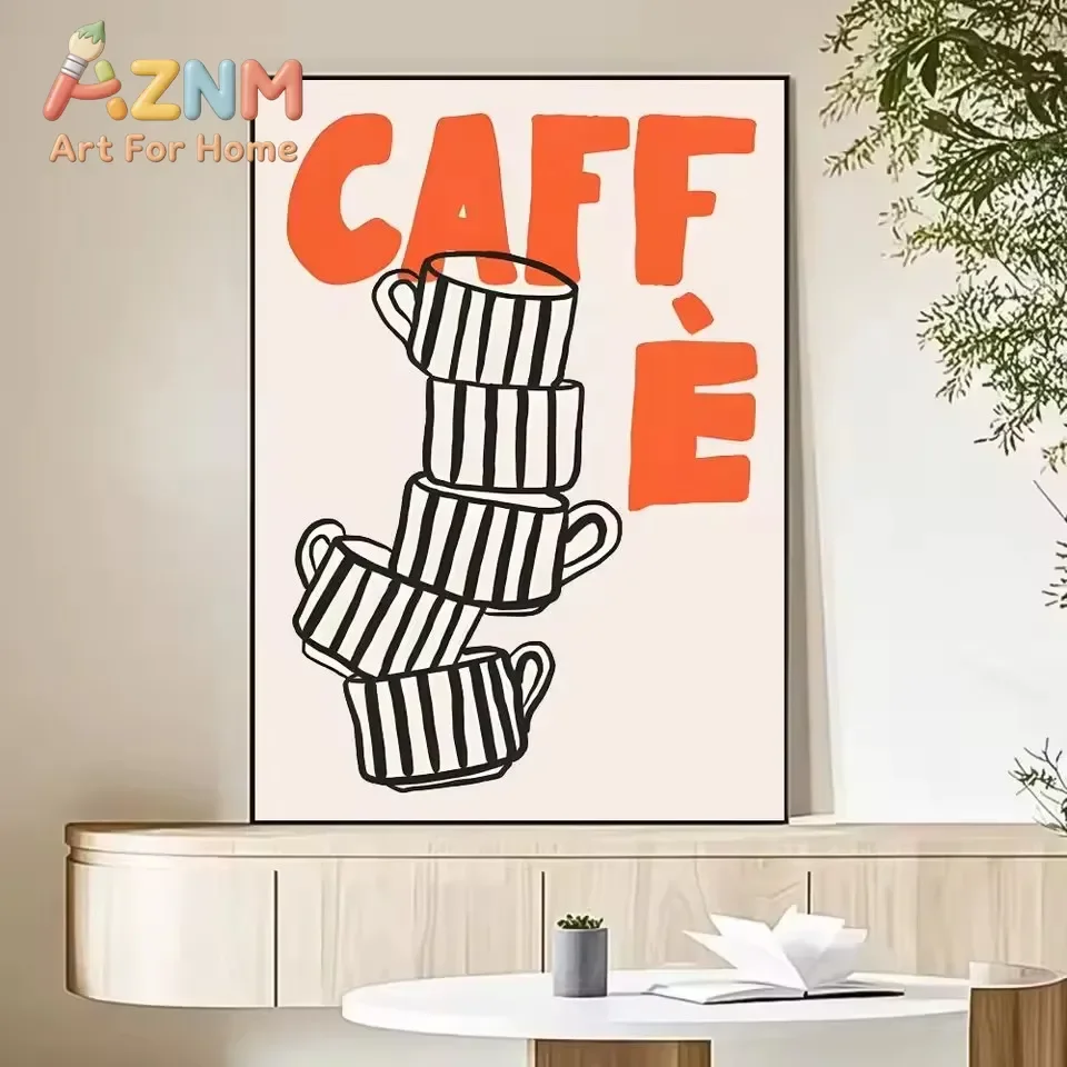 AZNM Retro Caffe Canvas Wall Art Striped Coffee Cup Hand Drawn Print Kitchen Cafe Decor Unframed Canvas Art Print