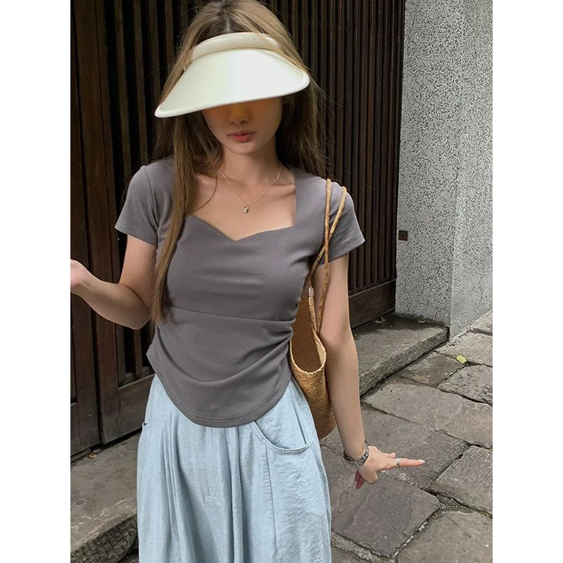 Pure Cotton Pleated Heart-neck Short-sleeved T-shirt for Women Summer New Slim Solid Color Clavicle Top