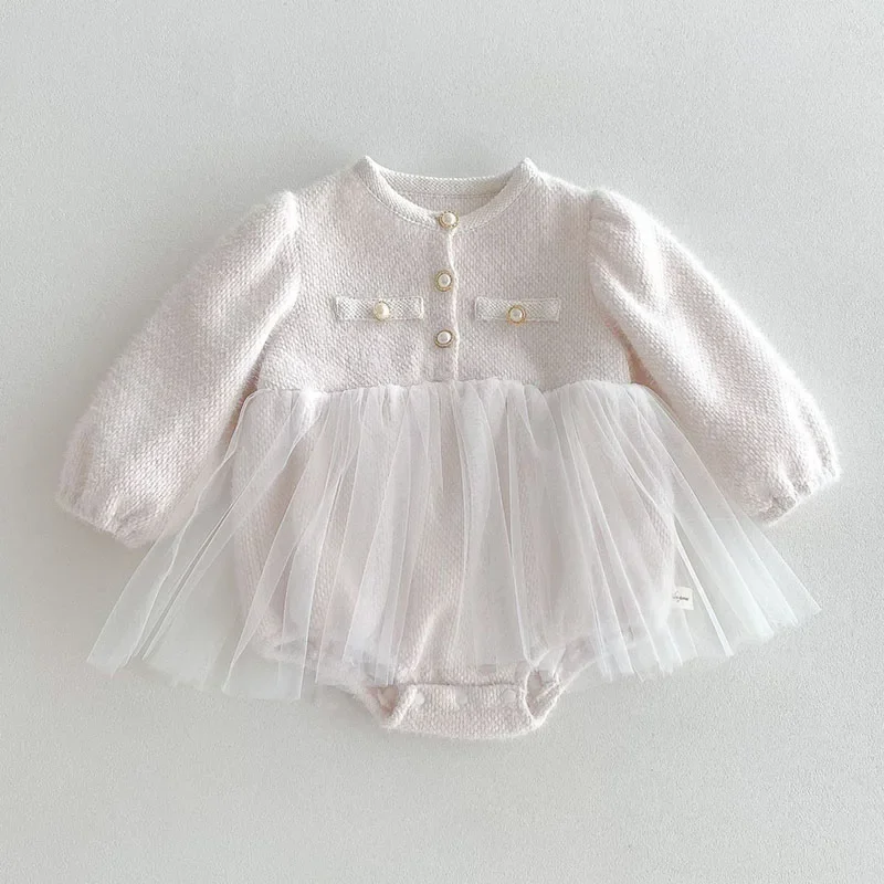 2024 New Autumn Newborn Baby Girls Bodysuits Long Sleeved Mesh Splicing Infant Baby Girls Jumpsuit Children Clothes