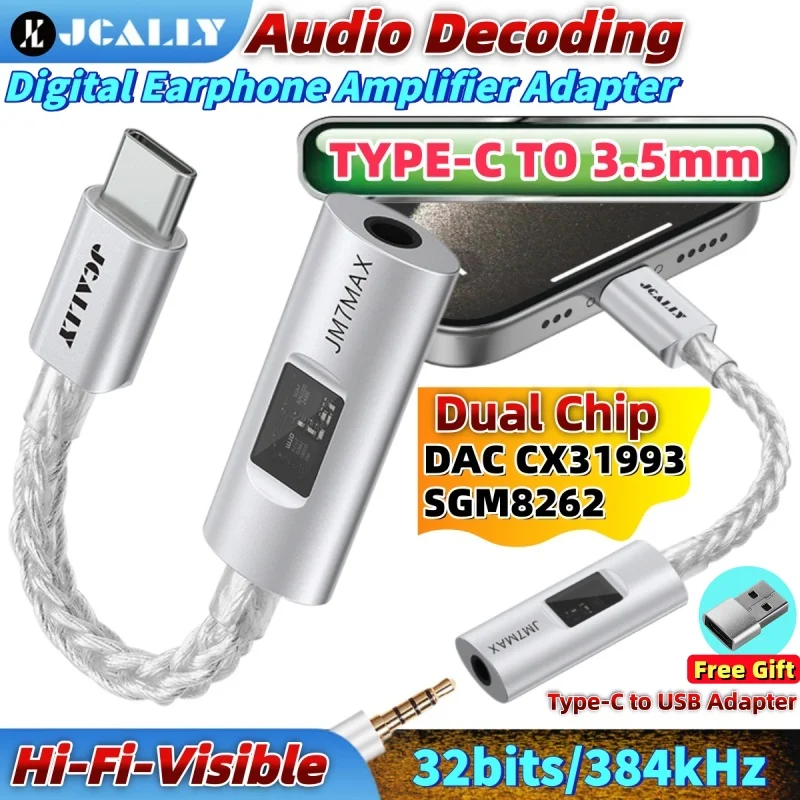 JCALLY JM7MAX Type-C DAC&AMP Visual HiFi Audio USB-C To 3.5mm Digital Earphone Decode Adapter for Android/Apple Game Phone Calls