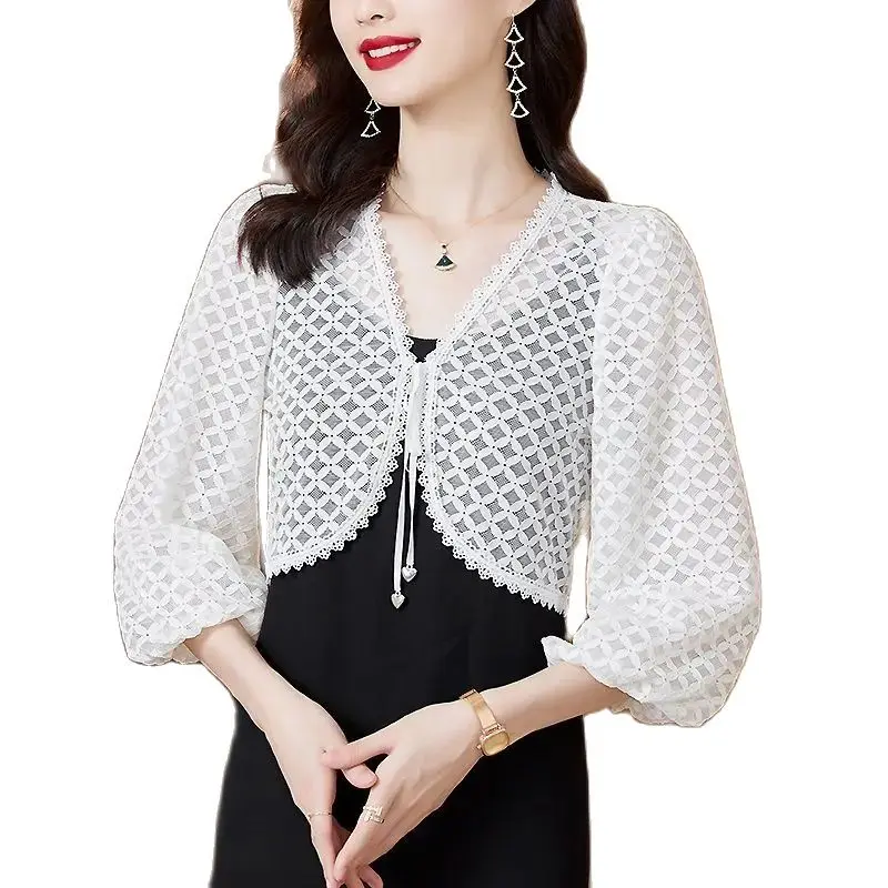 Bolero de manga larga de encaje negro blanco para mujer, chaqueta de boda, vestido nupcial de verano, capa envolvente, abrigo de cubierta superior