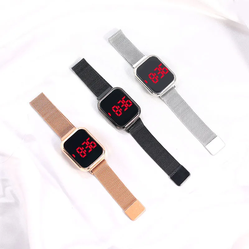 Простые цифровые часы для женщин, роскошные светодиодные часы с магнитным металлическим сетчатым ремешком, спортивные модные женские электронные часы