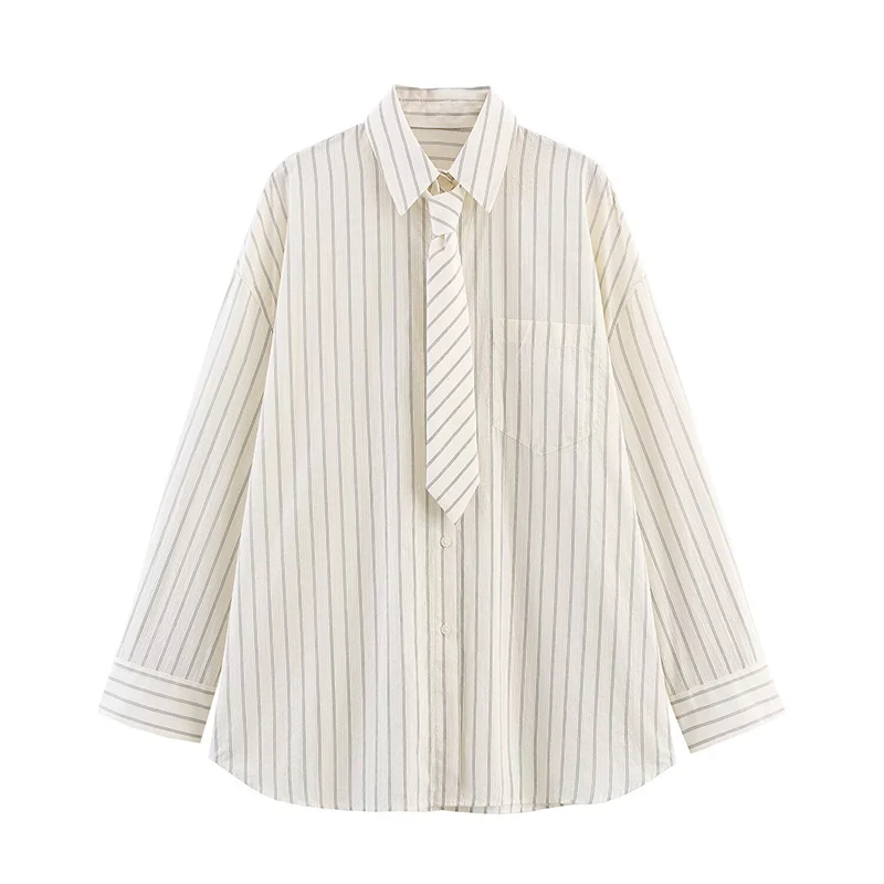 Boyfriend Style Long Sleeve Striped Shirt Women Korean Turn Down Collar Loose Blouse Woman Single Breasted Tie Design Shirts
