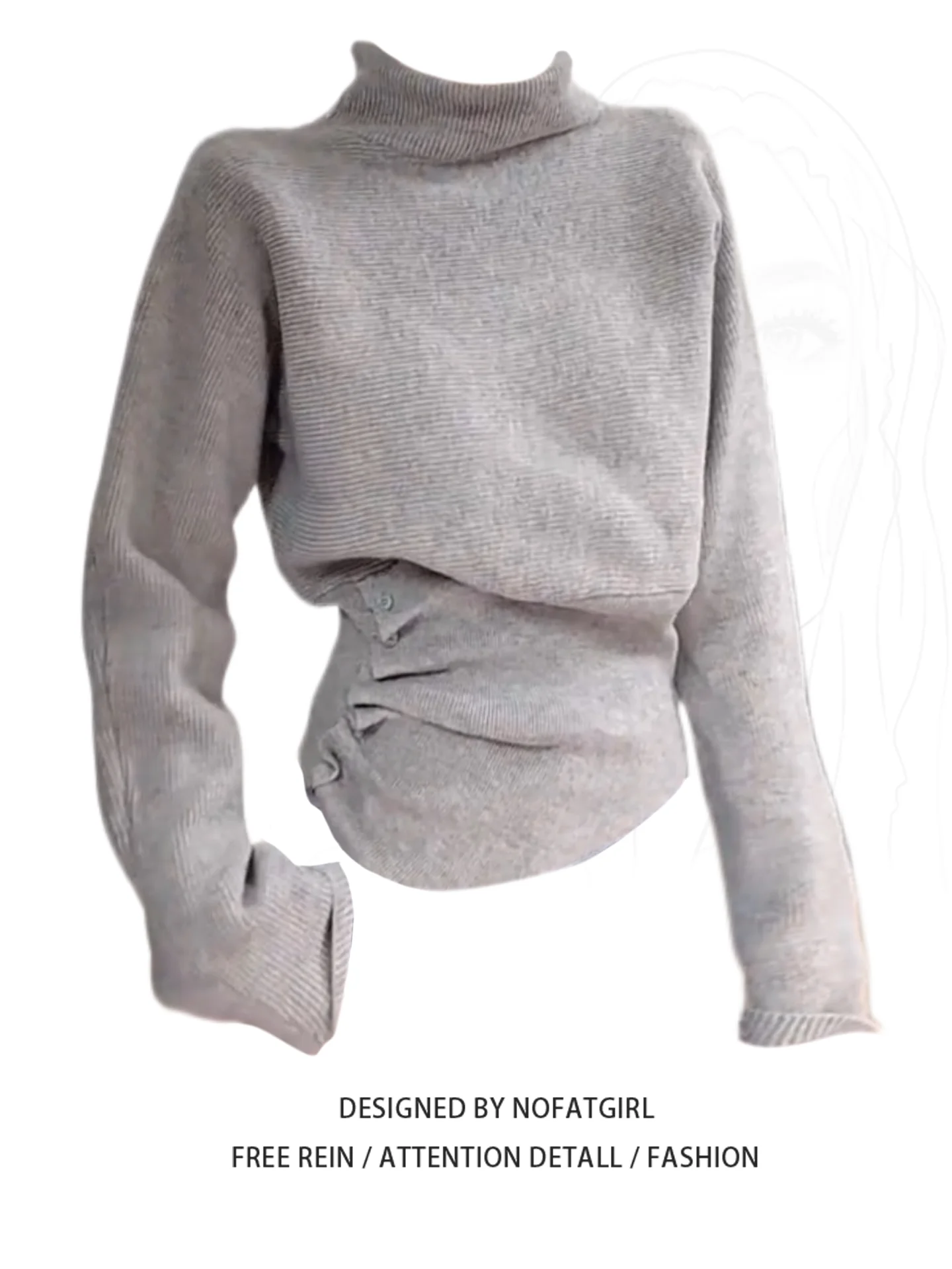 Women Grey Gothic Pullover Sweater Harajuku Aesthetic Y2k Long Sleeves Turtleneck Knitted Sweaters Vintage 2000s Clothes Autumn
