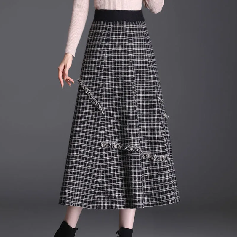 

New Autumn/Winter Fashion Pleated High Waist Plaid Knitted Halfskirt Thickened Mid Length A-line Large Swing Women's Long Dress