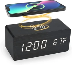 Wireless Charging Digital Alarm Clock Voice Control Teperature Snooze Night Desktop Table Clock 12/24H Wooden LED Clocks Watch