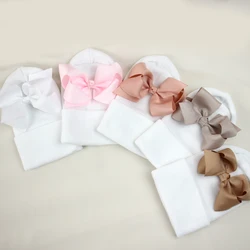 0-6Months Newborn Hospital Hat Warm Beanie with Ribbon Bow Cute Wool Turban Infant Baby Girl Winter Bonnet New Born Knitted Hat