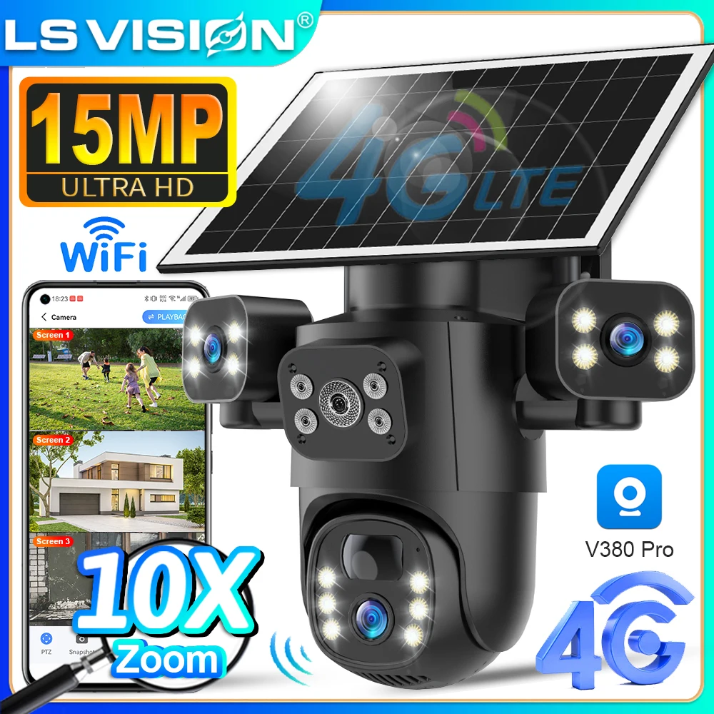 

LS VISION 15MP 4G LTE Солнечная камера Уличная Wi-Fi камера безопасности 10-кратный оптический зум Три экрана CCTV PIR Обнаружение человека V380 Pro
